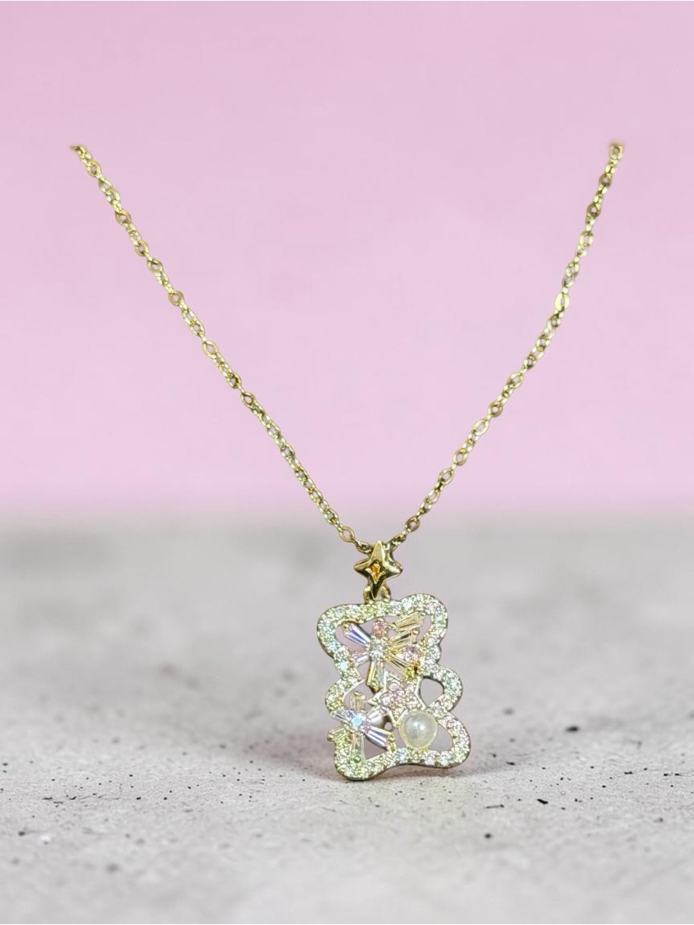 Gold Stainless Steel Crystal Teddy Bear Pendant Necklace by